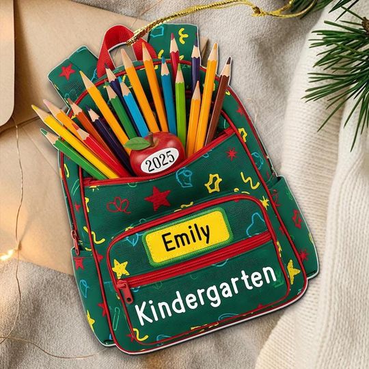Personalized Preschool Backpack Ornament,Custom Teacher or Student Gift,School Supplies Christmas Decoration, Kids Keepsake,2D flat ornament