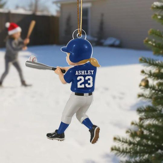 Personalized Baseball Player Ornament, Kid Hitting Ball, 2D Flat Christmas Acrylic Ornament