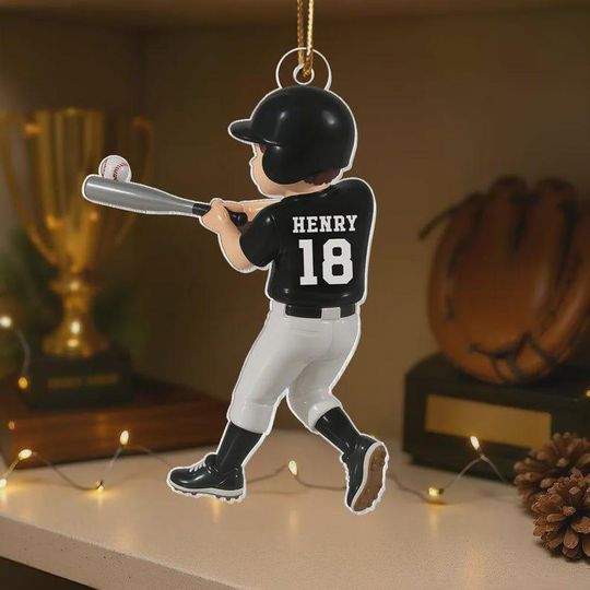 Personalized Baseball Player Ornament, Kid Hitting Ball, 2D Flat Christmas Acrylic Ornament