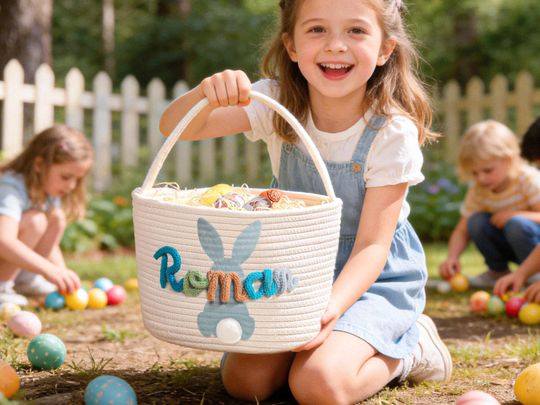 Crochet Personalized Easter Basket 2026, Custom Easter Egg Hunt Gift for Kids,Spring Easter Basket with Name, Baby Name Basket, Bunny Basket