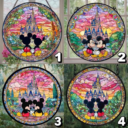 Mickey Minni Stained Glass Suncatcher, Anniversary Gift for Husband Wife, Disney Couple Decor