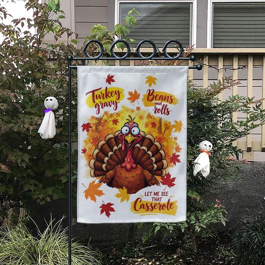 Funny Thanksgiving Garden Flag: Turkey, Gravy, Rolls - Fall Decor