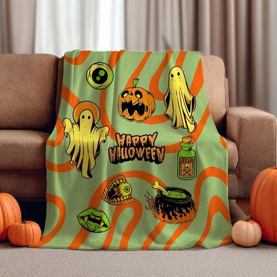 Halloween Blanket  Retro Ghosts & Pumpkins Cozy Fleece Throw