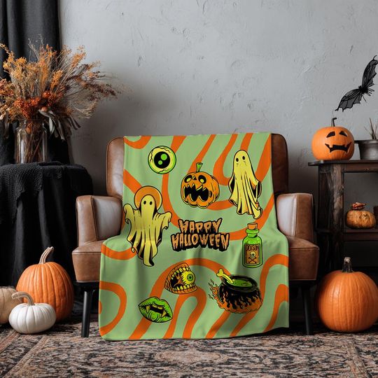 Halloween Blanket  Retro Ghosts & Pumpkins Cozy Fleece Throw