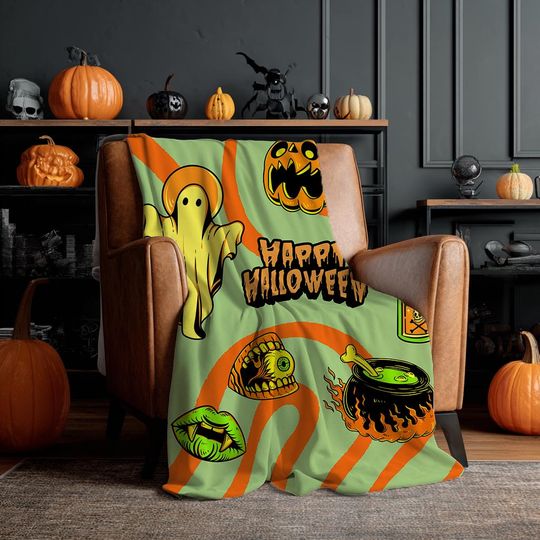 Halloween Blanket  Retro Ghosts & Pumpkins Cozy Fleece Throw