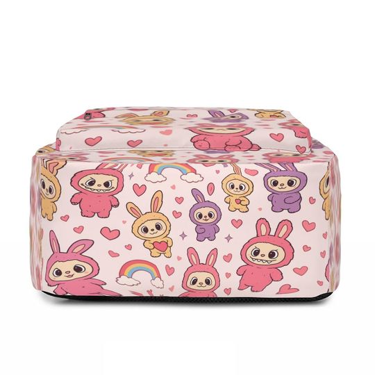 Personalised Labubu Backpack - Rainbow Hearts Pastel School Bag for Teens & Kids