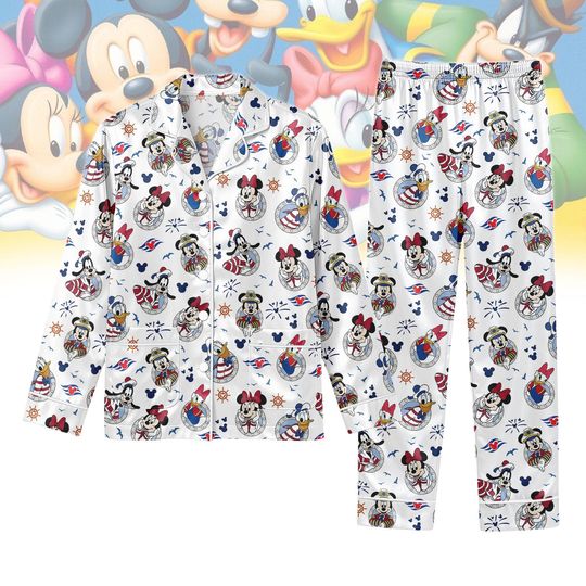 Mickey And Friends Disney Cruise Long Satin Pajamas Set, Mickey Cruise Women Pajamas, Disneyland Vacation Shirt, Sleepwear Gift For Her