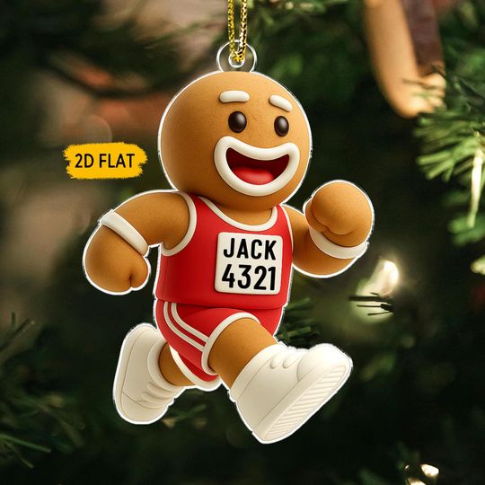 Funny Marathon Runner Christmas Ornament: Gingerbread Man Ornament with Custom Race Bib, Boy Half Marathon, Running Keepsake