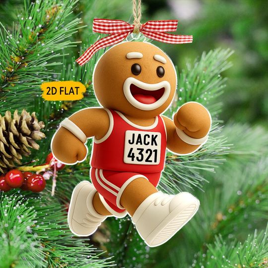 Funny Marathon Runner Christmas Ornament: Gingerbread Man Ornament with Custom Race Bib, Boy Half Marathon, Running Keepsake