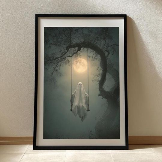 Ghost on a Swing Wall Art  Rustic Halloween Poster, Spooky Fall Decor