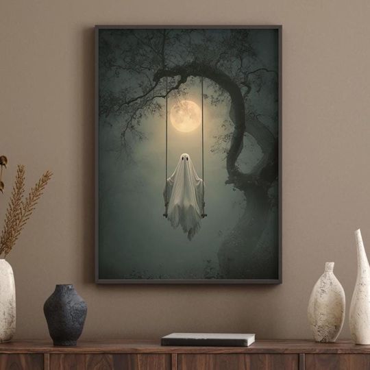Ghost on a Swing Wall Art  Rustic Halloween Poster, Spooky Fall Decor