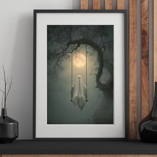 Ghost on a Swing Wall Art  Rustic Halloween Poster, Spooky Fall Decor