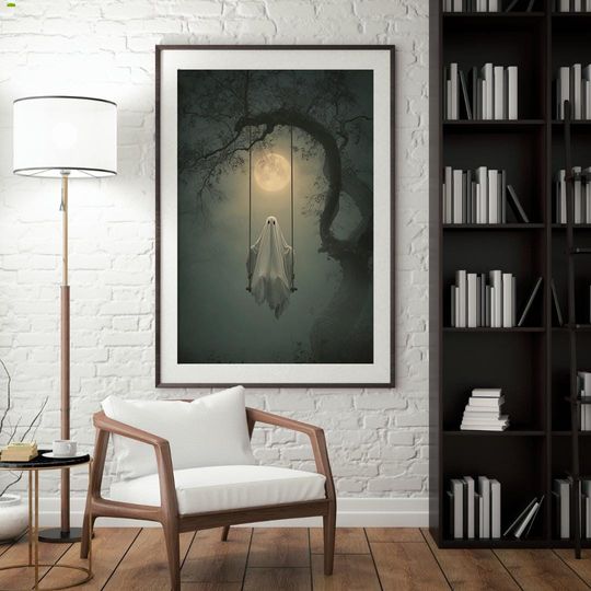 Ghost on a Swing Wall Art  Rustic Halloween Poster, Spooky Fall Decor