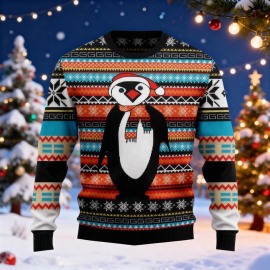 Penguin Ugly Christmas Sweater, Cute Animal Xmas Gift, Retro Pixel Penguin Jumper, Funny Winter Holiday Sweatshirt