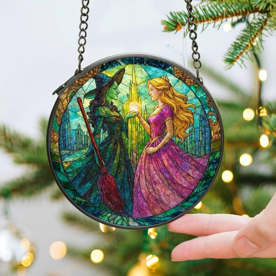 Elphaba and Glinda Wicked Stained Glass Effect Christmas Ornament, Wicked Acrylic Ornament