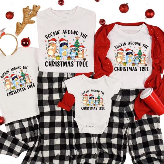 BlueyDad Christmas Family Shirt, Rockin Around The Christmas Tree TShirt, Family Matching BlueyDad Characters Pajamas