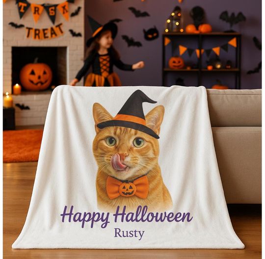 Custom Halloween Pet Portrait Blanket: Personalized Fleece Throw