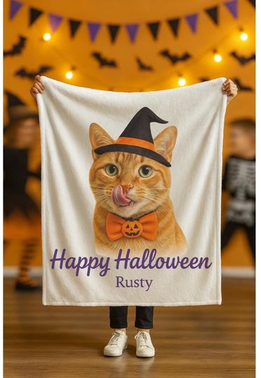 Custom Halloween Pet Portrait Blanket: Personalized Fleece Throw