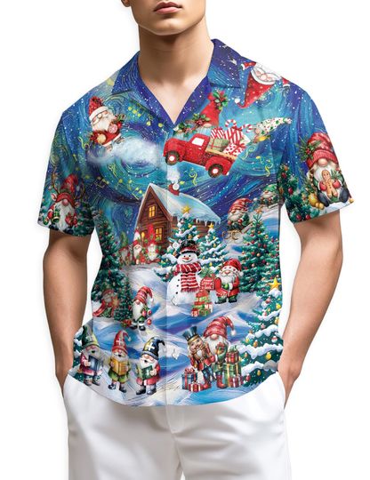 Santa Christmas Cottage Night Sky Hawaiian Shirt, Festive Holiday Aloha Shirt for Men & Women, Snowy Santa Tropical Gift