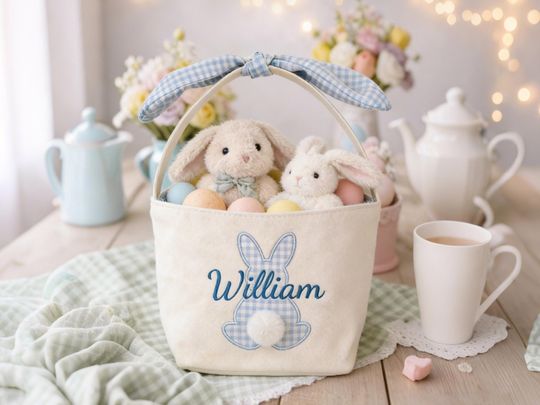 Personalized Easter Basket, Custom Embroidered Name Bunny Applique, Kids Easter Gift