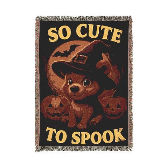 Vintage Halloween Woven Blanket: Witch Bear Ghost Horror