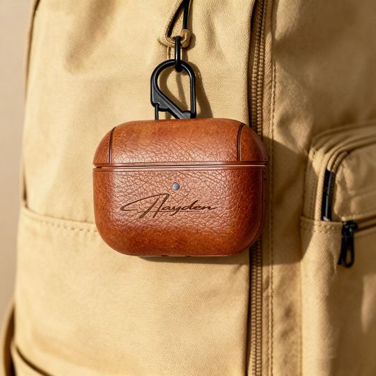 Personalized Leather AirPods Case with Hook: Engraved Monogram