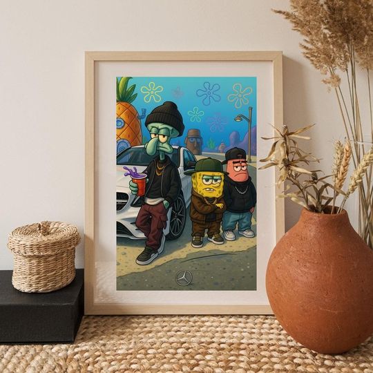 Streetwear SpongeBob Poster Wall Art with Squidward and Patrick, Bikini Bottom Urban Cartoon