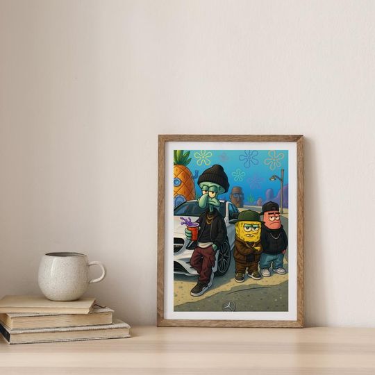 Streetwear SpongeBob Poster Wall Art with Squidward and Patrick, Bikini Bottom Urban Cartoon