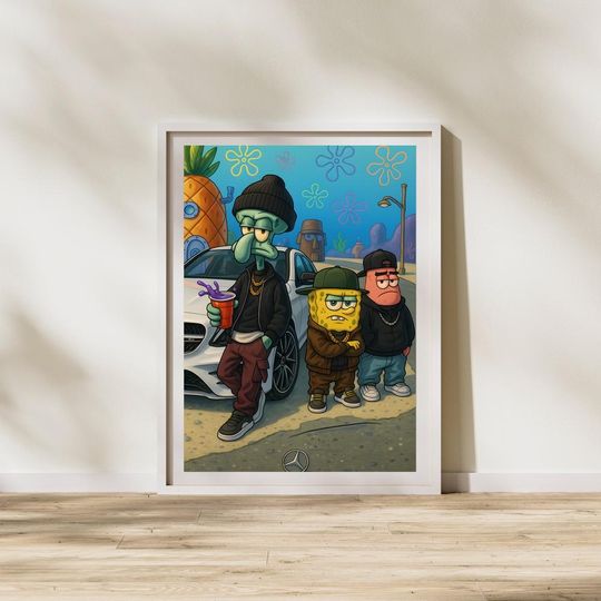 Streetwear SpongeBob Poster Wall Art with Squidward and Patrick, Bikini Bottom Urban Cartoon