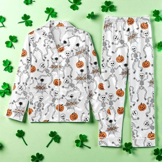 Halloween Pajama Set Skeleton, Pumpkin & Spider Print Sleepwear