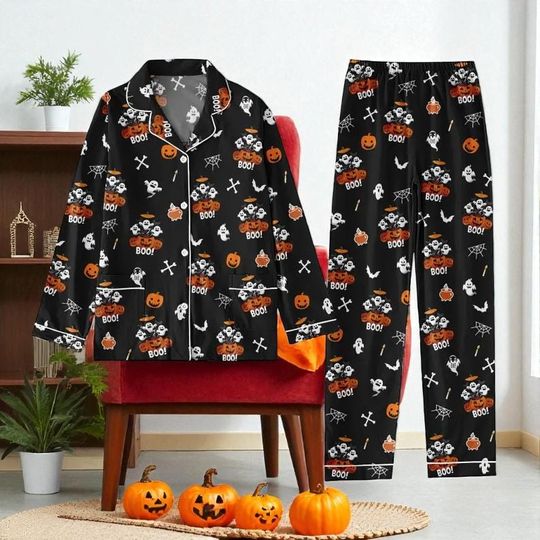 Halloween Ghost Pajama Set, Spooky Black Sleepwear