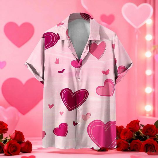 Mens Valentine Heart Hawaiian Shirt, Pink Heart Button Down Shirt, Short Sleeve Collared Shirt for Him, Valentines Day Gift for Boyfriend