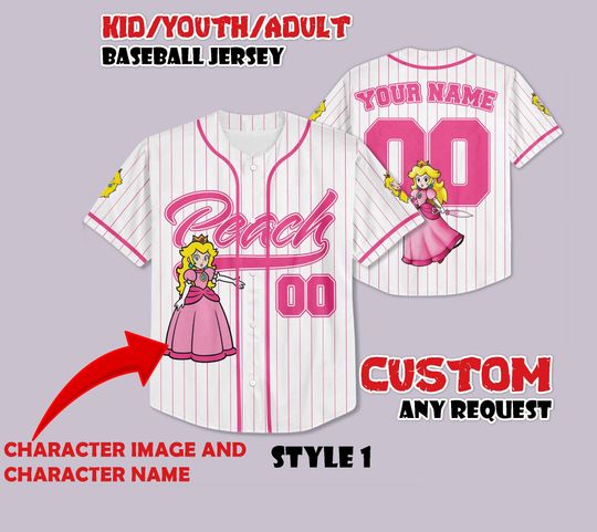Custom Princess Peach Baseball Jersey, Custom Name and Number Jersey Baseball Shirt