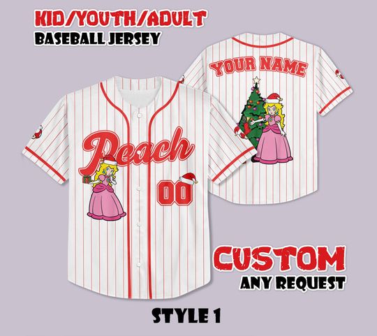 Custom Princess Peach Christmas Baseball Jersey, Nintendo Super Mario Shirt, Personalized Princess Peach Xmas Jersey, Christmas Gifts