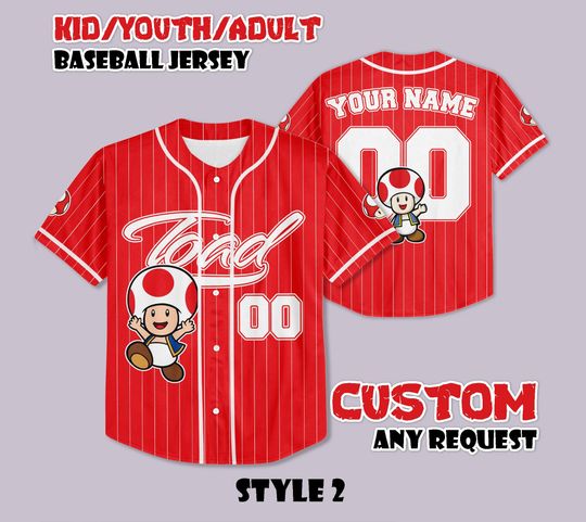 Custom Toad Mushroom Kingdom Super Mario Baseball Jersey, Super Mario Shirt, Personalized Toad Mushroom Jersey, Toad Mushroom Fan Gifts