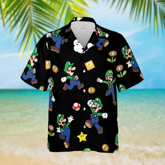 Luigi Black Hawaiian Shirt, Super Mario Character Shirt, Retro Mushroom Game Summer Outfit