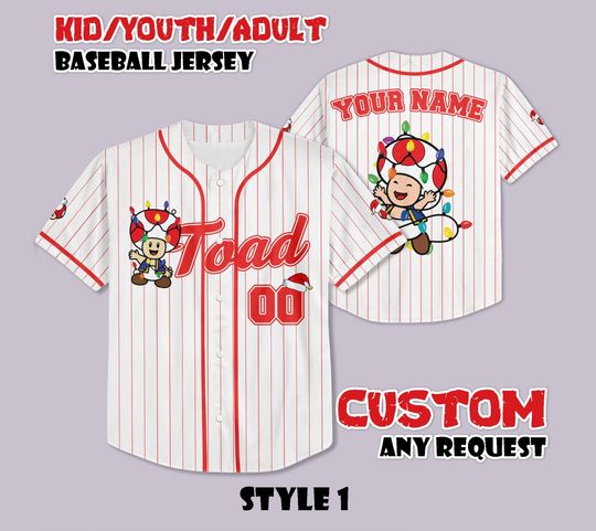 Custom Toad Mushroom Kingdom Christmas Baseball Jersey, Nintendo Super Mario Shirt, Personalized Super Mario Xmas Jersey, Christmas Gifts