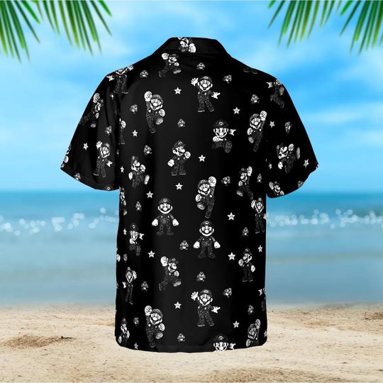 Mario Black Hawaiian Shirt, Super Mario Button Up, Beach Vacation Gift