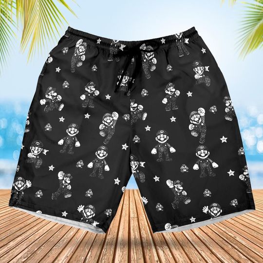 Mario Black Hawaiian Shirt, Super Mario Button Up, Beach Vacation Gift