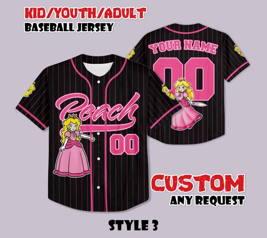 Custom Princess Peach Baseball Jersey, Custom Name and Number Jersey Baseball Shirt