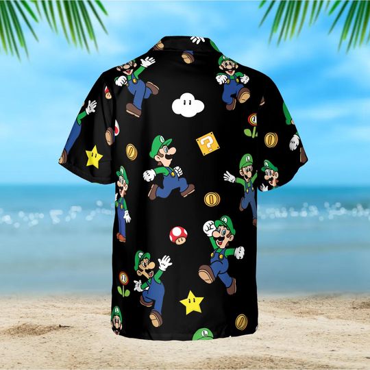 Luigi Black Hawaiian Shirt, Super Mario Character Shirt, Retro Mushroom Game Summer Outfit