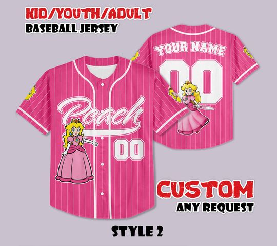 Custom Princess Peach Baseball Jersey, Custom Name and Number Jersey Baseball Shirt