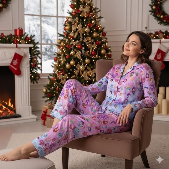 Huntrix Cartoon Pajamas Set, Holiday Sleepwear, Cute Idol-Inspired PJs, Cozy Pink Blue Loungewear Gift for Fans & Her PSK1554