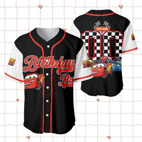 Lightning McQueen Cars Birthday Boy Baseball Jersey, Custom Name Number Kids Racing Birthday Shirt Cars Party Outfit