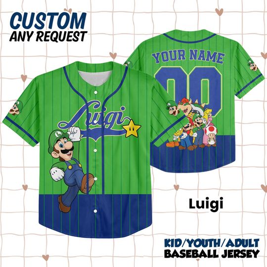 Custom Super Mario Baseball Jersey, Mario Family Matching Shirts, Super Mario Birthday, Luigi Yoshi Toad Bowser Princess Peach Donkey Kong