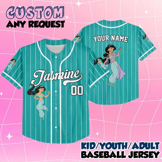 Custom Disney Princess Jasmine Baseball Jersey, Disney Baseball Jersey for Kids, Youth & Adults, Matching Disney Game Day Outfit