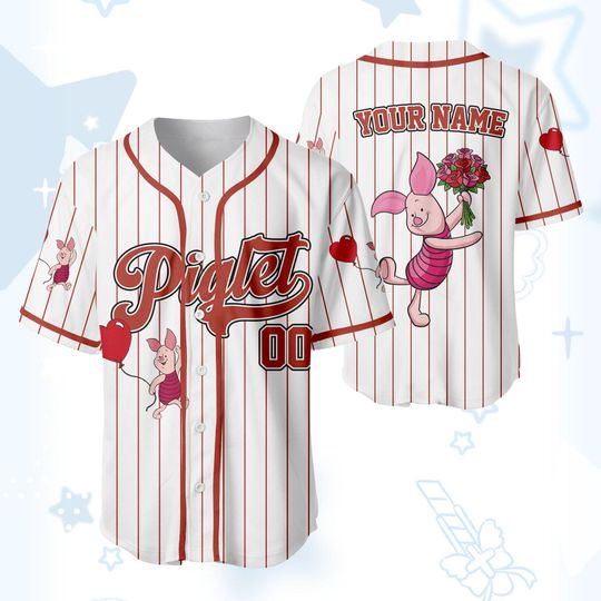 Custom Piglet Valentines Day Baseball Jersey, Personalized Winnie the Pooh Baseball Shirt