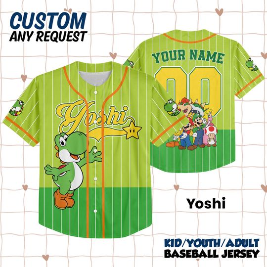 Custom Super Mario Baseball Jersey, Mario Family Matching Shirts, Super Mario Birthday, Luigi Yoshi Toad Bowser Princess Peach Donkey Kong
