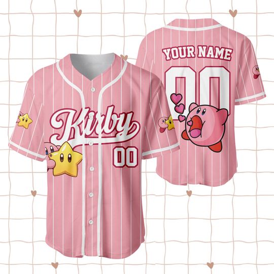 Custom Kirby Baseball Jersey, Personalized Kirby Pinstripe Shirt, Kirby Fan Gift, Cute Gamer Girl Outfit