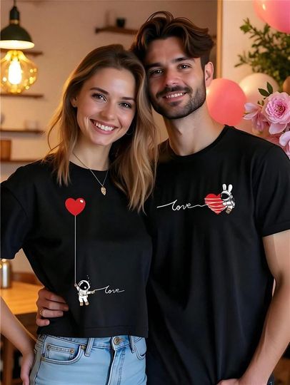 Astronaut Love Matching Couple Shirts, Valentine Anniversary Tees